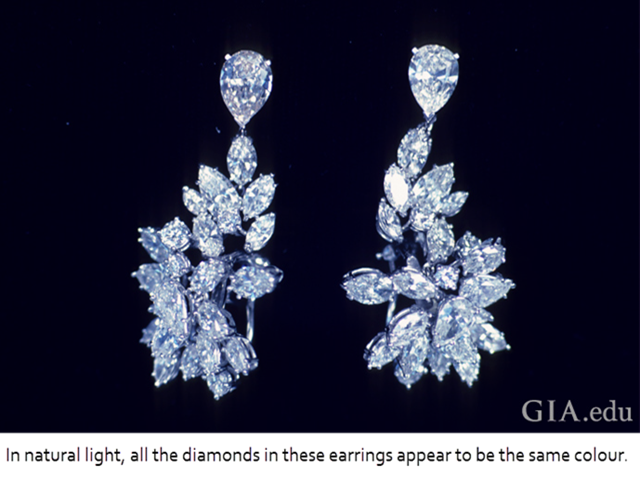 Diamond earrings with Fluorescence in Natural Light.